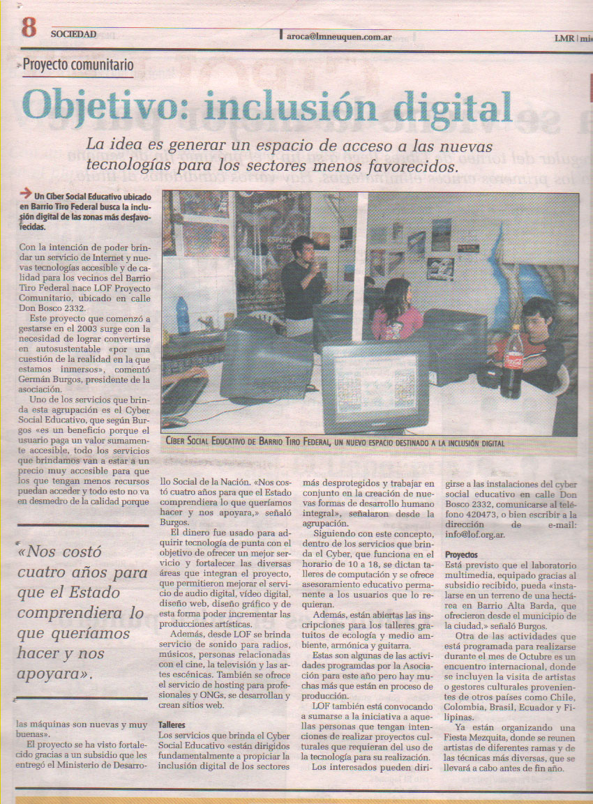 Recorte de prensa de 2007 sobre el Cyber Social Educativo